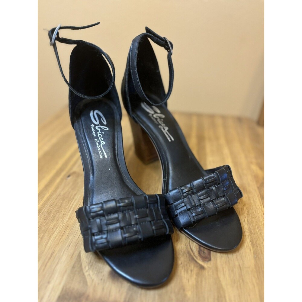 Sbicca Women's Black Woven Leather Ankle Strap Sandals Size 7 Block Heel